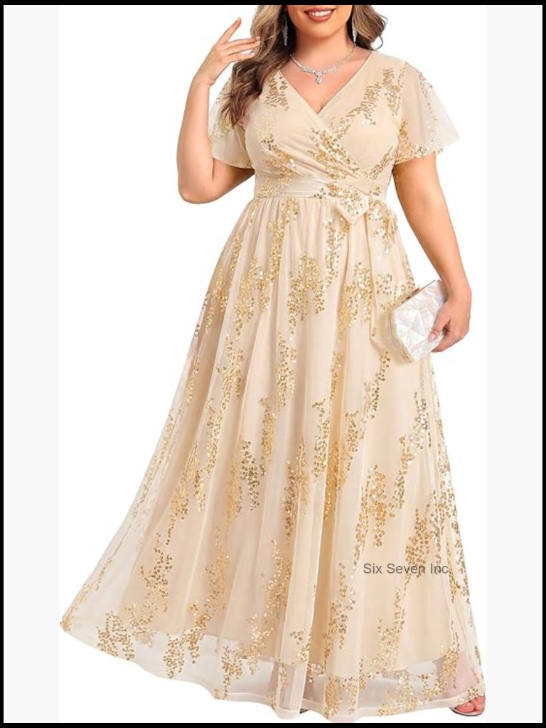 Plus Size Sequin Embroidered V-Neck Maxi Dress With Belt Floor Length